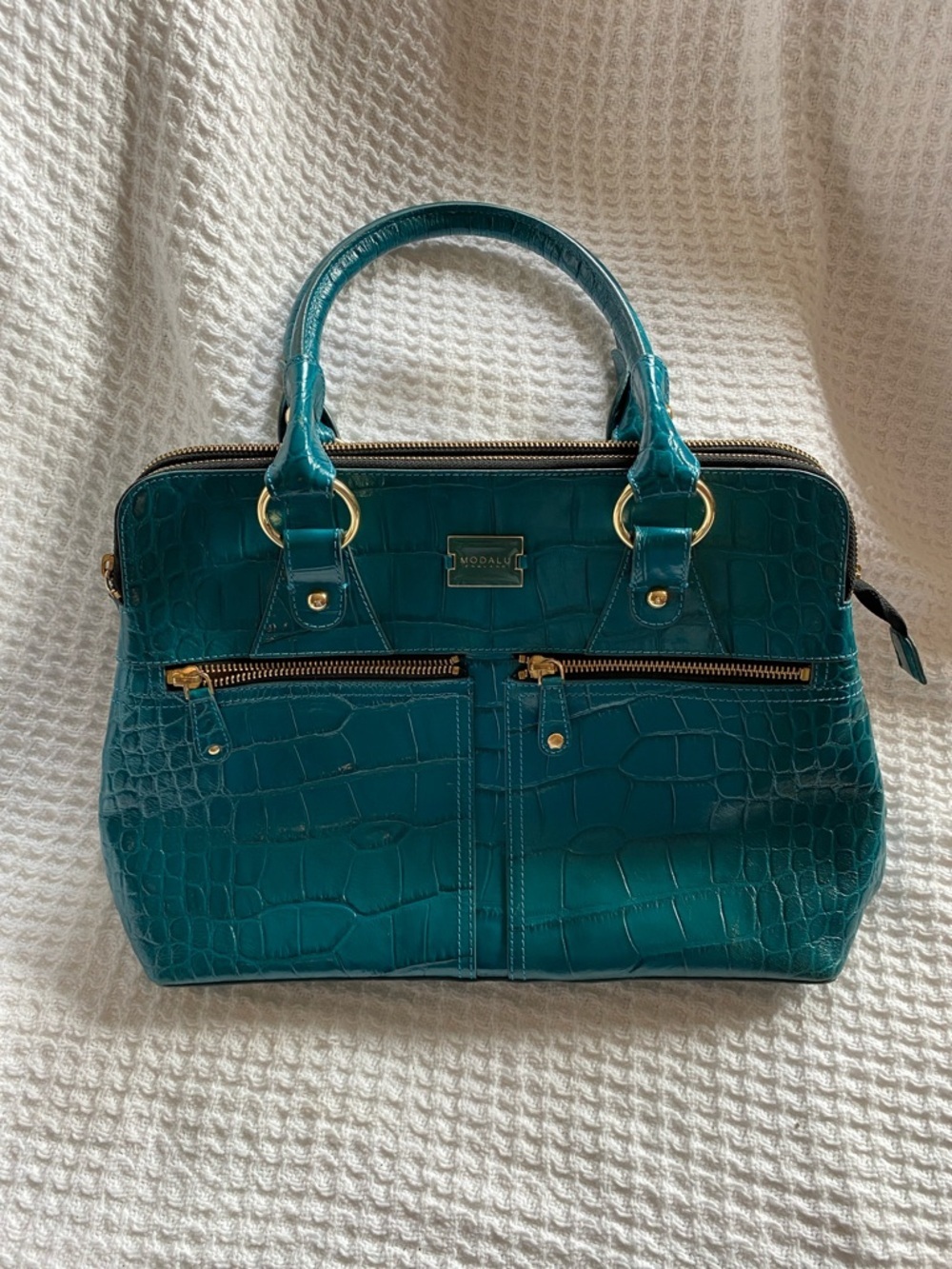 Modalu Teal Leather Croc-Embossed Satchel with Gold Hardware